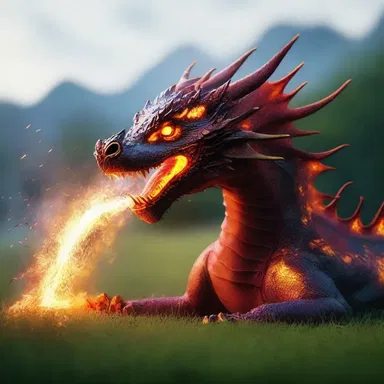 The dragon gently breathed fire onto the grass, creating a mesmerizing display of sparks and smoke.