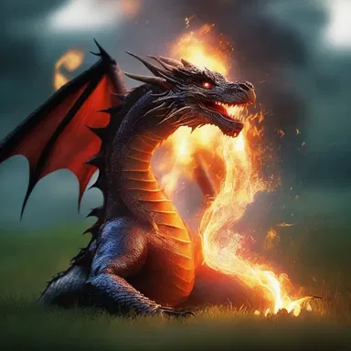 The dragon gently breathed fire onto the grass, creating a mesmerizing display of sparks and smoke.