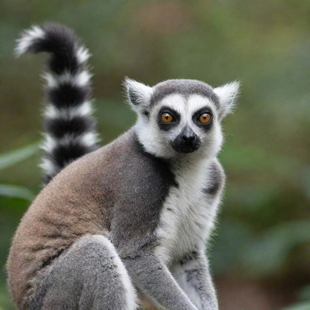 A detailed and striking image of a ring-tailed lemur in a natural habitat, poised impressively with its striking tail clearly visible.