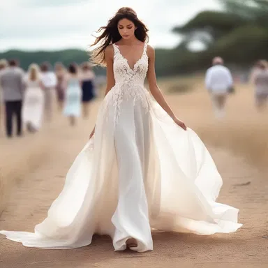 She walked down the runway, her flowing dress billowing gently in the breeze.
