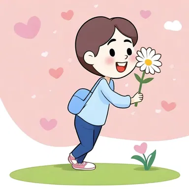 The cartoon character carefully and gently picked up the delicate flower petal.