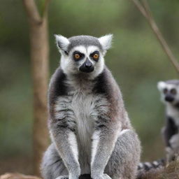 A detailed and striking image of a ring-tailed lemur in a natural habitat, poised impressively with its striking tail clearly visible.