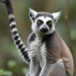 A detailed and striking image of a ring-tailed lemur in a natural habitat, poised impressively with its striking tail clearly visible.