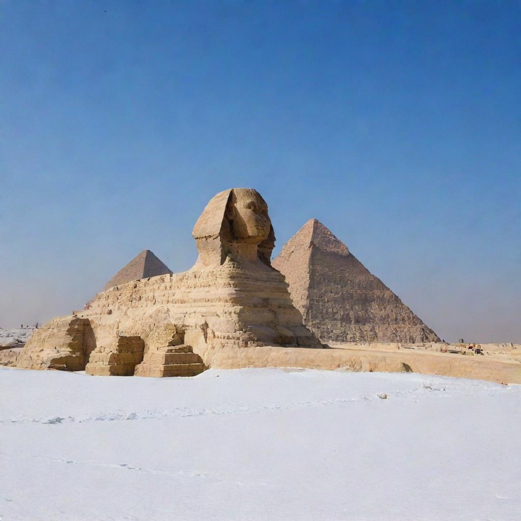 The Pyramids of Giza and the Sphinx blanketed in soft, untouched snow under a clear sky.