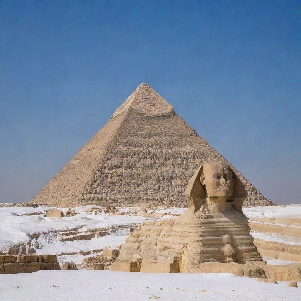 The Pyramids of Giza and the Sphinx blanketed in soft, untouched snow under a clear sky.