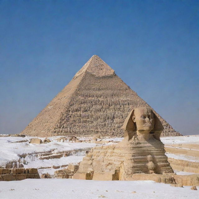 The Pyramids of Giza and the Sphinx blanketed in soft, untouched snow under a clear sky.