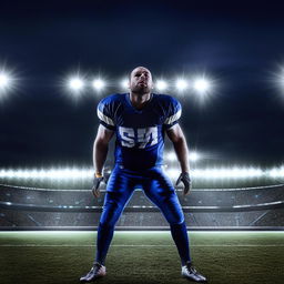 Portrait of a professional football player, dynamic pose, wearing a charming dark blue uniform, stadium lights in the background.