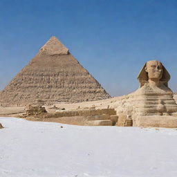 The Pyramids of Giza and the Sphinx blanketed in soft, untouched snow under a clear sky.