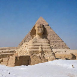 The Pyramids of Giza and the Sphinx blanketed in soft, untouched snow under a clear sky.