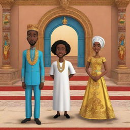 Animate the significant moment when Amina and Prince Kofi approach the king in a palace flush with traditional African art elements. They propose seeking Amina's wisdom to end the prevalent drought, in this African tale, AI-generated cartoon.