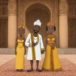 Animate the poignant moment in an African tale animated cartoon when Amina and Prince Kofi approach the king in a grand palace imbued with traditional African art elements, proposing to seek Amina's wisdom to absolve the prolonged drought.