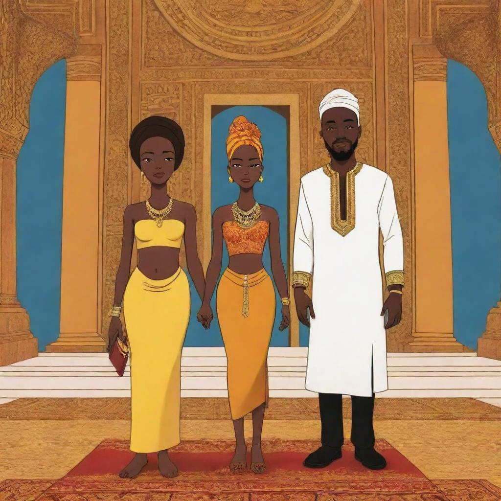 Animate the poignant moment in an African tale animated cartoon when Amina and Prince Kofi approach the king in a grand palace imbued with traditional African art elements, proposing to seek Amina's wisdom to absolve the prolonged drought.