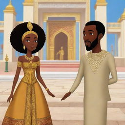 Animate the poignant moment in an African tale animated cartoon when Amina and Prince Kofi approach the king in a grand palace imbued with traditional African art elements, proposing to seek Amina's wisdom to absolve the prolonged drought.