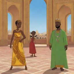 Animate the poignant moment in an African tale animated cartoon when Amina and Prince Kofi approach the king in a grand palace imbued with traditional African art elements, proposing to seek Amina's wisdom to absolve the prolonged drought.