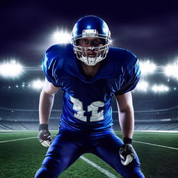 Portrait of a professional football player, dynamic pose, wearing a charming dark blue uniform, stadium lights in the background.