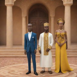 For an African tale AI-generated animated cartoon, generate the impactful moment when Amina and Prince Kofi approach the king in a palace lavishly adorned with traditional African art elements, as they advocate for Amina's guidance to end the persistent drought.