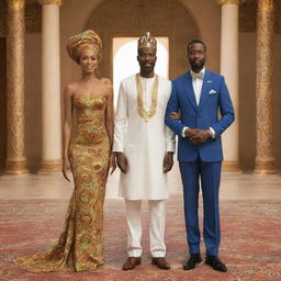 For an African tale AI-generated animated cartoon, generate the impactful moment when Amina and Prince Kofi approach the king in a palace lavishly adorned with traditional African art elements, as they advocate for Amina's guidance to end the persistent drought.