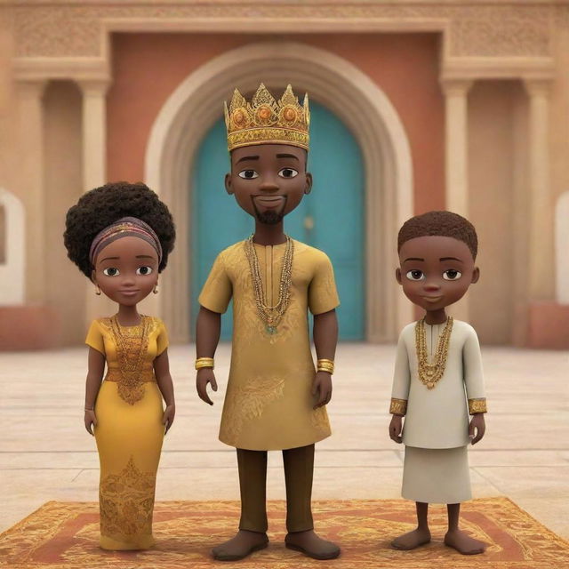 For an African tale AI-generated animated cartoon, generate the impactful moment when Amina and Prince Kofi approach the king in a palace lavishly adorned with traditional African art elements, as they advocate for Amina's guidance to end the persistent drought.