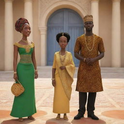 For an African tale AI-generated animated cartoon, generate the impactful moment when Amina and Prince Kofi approach the king in a palace lavishly adorned with traditional African art elements, as they advocate for Amina's guidance to end the persistent drought.