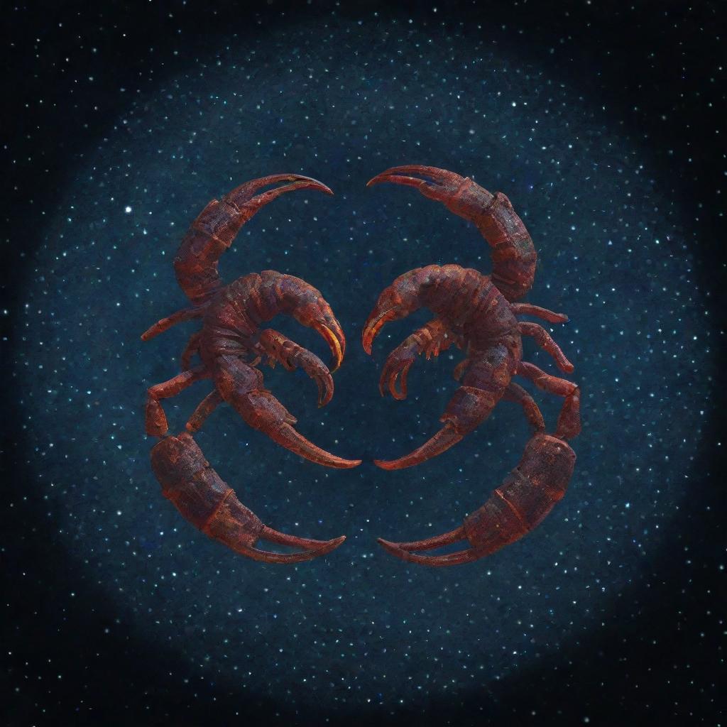 Two Scorpio zodiac symbols intertwined, surrounded by glowing stars, showcasing deep mystery and intense emotion.