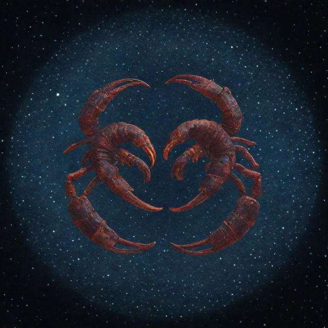 Two Scorpio zodiac symbols intertwined, surrounded by glowing stars, showcasing deep mystery and intense emotion.