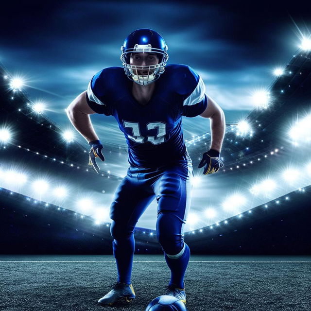 Portrait of a professional football player, dynamic pose, wearing a charming dark blue uniform, stadium lights in the background.