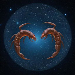 Two Scorpio zodiac symbols intertwined, surrounded by glowing stars, showcasing deep mystery and intense emotion.