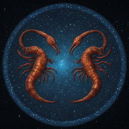 Two Scorpio zodiac symbols intertwined, surrounded by glowing stars, showcasing deep mystery and intense emotion.