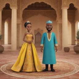 Animate a compelling moment in an African tale AI cartoon, where Amina and Prince Kofi approach the king in a palace decorated with traditional African art elements. The scene centers on their proposal to seek Amina's guidance to alleviate the prolonged drought.