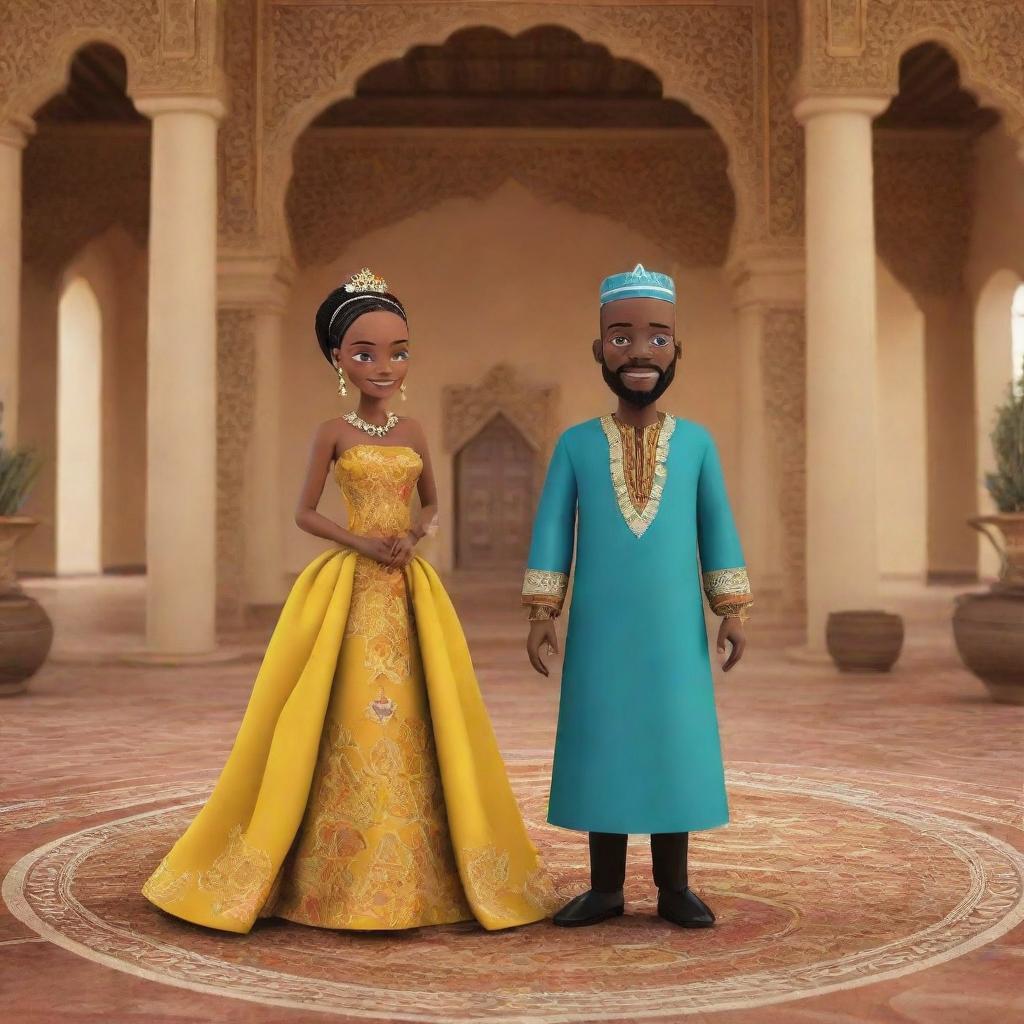 Animate a compelling moment in an African tale AI cartoon, where Amina and Prince Kofi approach the king in a palace decorated with traditional African art elements. The scene centers on their proposal to seek Amina's guidance to alleviate the prolonged drought.