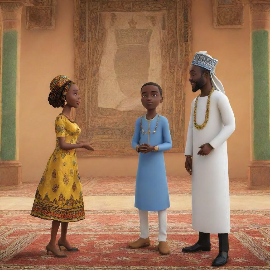 Animate a compelling moment in an African tale AI cartoon, where Amina and Prince Kofi approach the king in a palace decorated with traditional African art elements. The scene centers on their proposal to seek Amina's guidance to alleviate the prolonged drought.