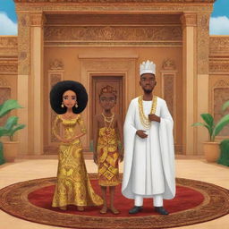 Animate a compelling moment in an African tale AI cartoon, where Amina and Prince Kofi approach the king in a palace decorated with traditional African art elements. The scene centers on their proposal to seek Amina's guidance to alleviate the prolonged drought.