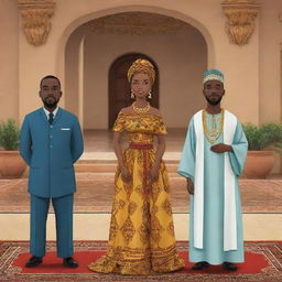 Animate a compelling moment in an African tale AI cartoon, where Amina and Prince Kofi approach the king in a palace decorated with traditional African art elements. The scene centers on their proposal to seek Amina's guidance to alleviate the prolonged drought.