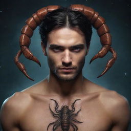 A human character embodying the Scorpio ♏ zodiac sign, with features inspired by traditional Scorpion characteristics, intense gaze, and a mysterious aura.