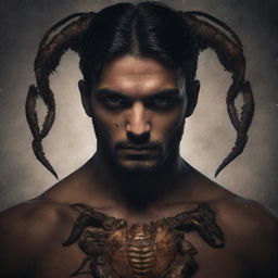 A human character embodying the Scorpio ♏ zodiac sign, with features inspired by traditional Scorpion characteristics, intense gaze, and a mysterious aura.