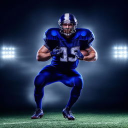 Portrait of a professional football player, dynamic pose, wearing a charming dark blue uniform, stadium lights in the background.