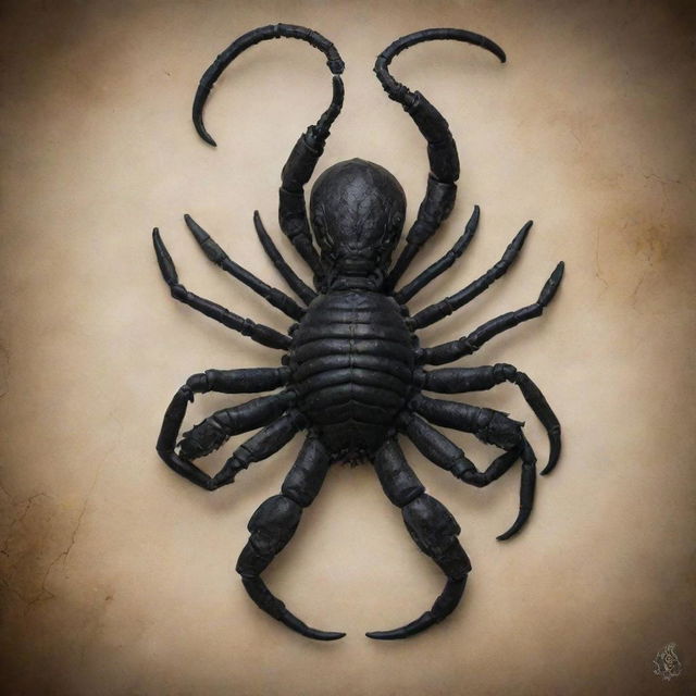 A human figure representing the Scorpio zodiac star sign, embodying an air of mystery, intense gaze, and elements reminiscent of a scorpion.