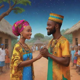 Generate an AI cartoon illustrating a vibrant village scene from an African tale, where Amina and Prince Kofi lock eyes during a festive celebration, effectively capturing the magical connection between them.