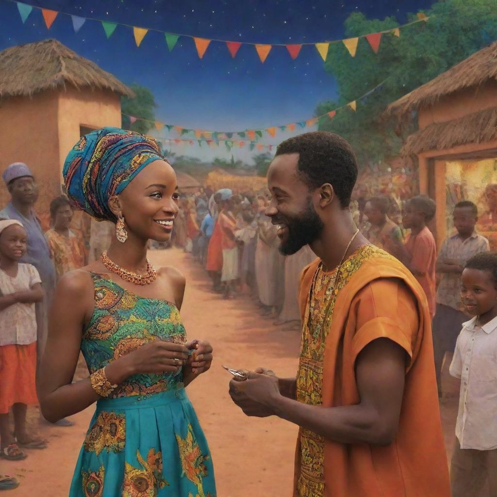 Generate an AI cartoon illustrating a vibrant village scene from an African tale, where Amina and Prince Kofi lock eyes during a festive celebration, effectively capturing the magical connection between them.