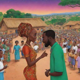 Generate an AI cartoon illustrating a vibrant village scene from an African tale, where Amina and Prince Kofi lock eyes during a festive celebration, effectively capturing the magical connection between them.