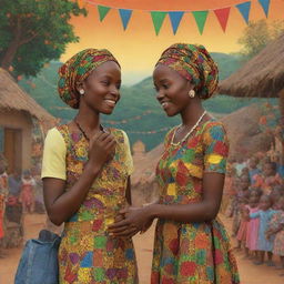 Generate an AI cartoon illustrating a vibrant village scene from an African tale, where Amina and Prince Kofi lock eyes during a festive celebration, effectively capturing the magical connection between them.