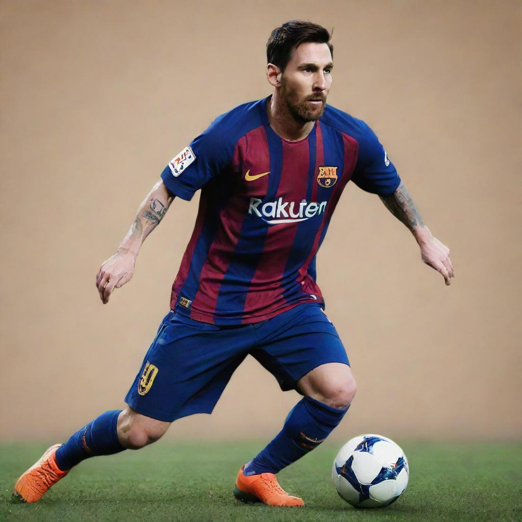 Create a detailed portrait image of Lionel Messi, featuring him in his FC Barcelona uniform and displaying his signature accurate dribbling move.