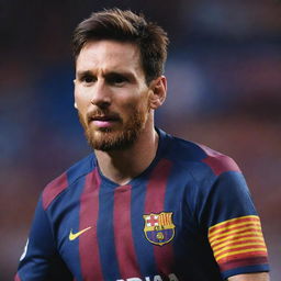 Create a detailed portrait image of Lionel Messi, featuring him in his FC Barcelona uniform and displaying his signature accurate dribbling move.