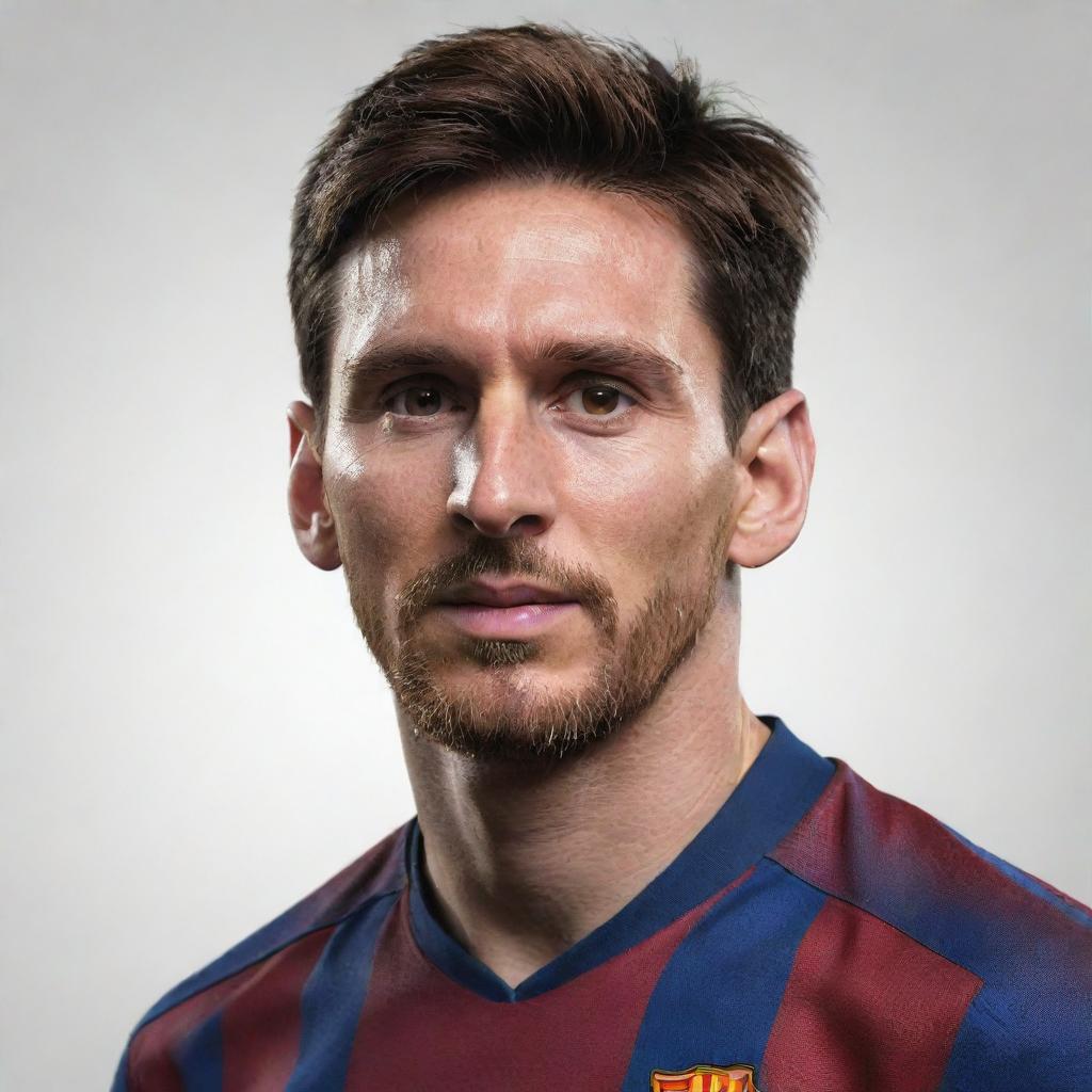 Create a detailed portrait image of Lionel Messi, featuring him in his FC Barcelona uniform and displaying his signature accurate dribbling move.