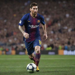 Create a detailed portrait image of Lionel Messi, featuring him in his FC Barcelona uniform and displaying his signature accurate dribbling move.