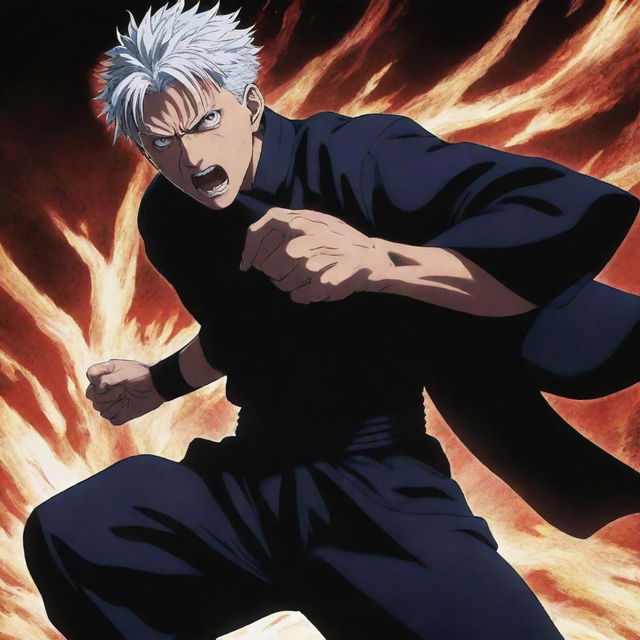 Dynamic illustration of Sukuna from Jujutsu Kaisen, overpowering Gojo Satoru in an intense duel, brimming with energy and tension.