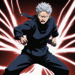 Dynamic illustration of Sukuna from Jujutsu Kaisen, overpowering Gojo Satoru in an intense duel, brimming with energy and tension.