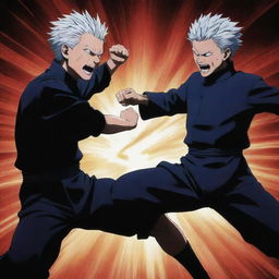 Dynamic illustration of Sukuna from Jujutsu Kaisen, overpowering Gojo Satoru in an intense duel, brimming with energy and tension.