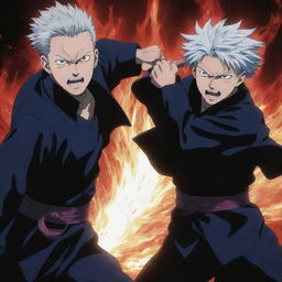 Dynamic illustration of Sukuna from Jujutsu Kaisen, overpowering Gojo Satoru in an intense duel, brimming with energy and tension.