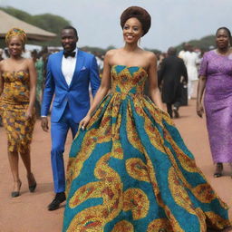 Generate an animated sequence that showcases Amina in a beautifully designed gown made from vibrant African fabrics, attracting Prince Kofi's attention during the grand festival.